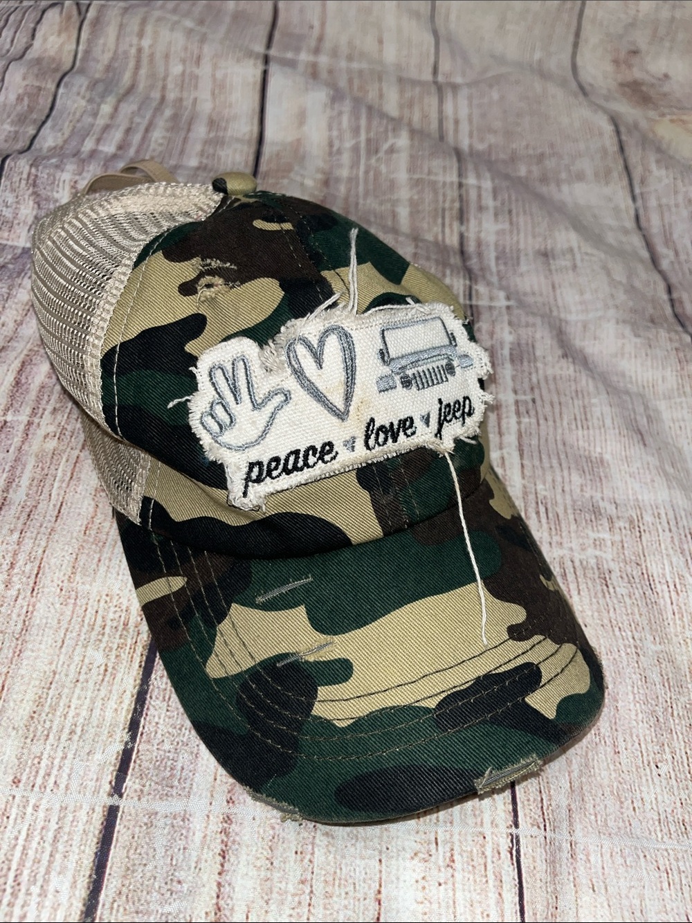 Camo Peace Love Jeep Pony Tail Baseball Cap Hat Adjustable